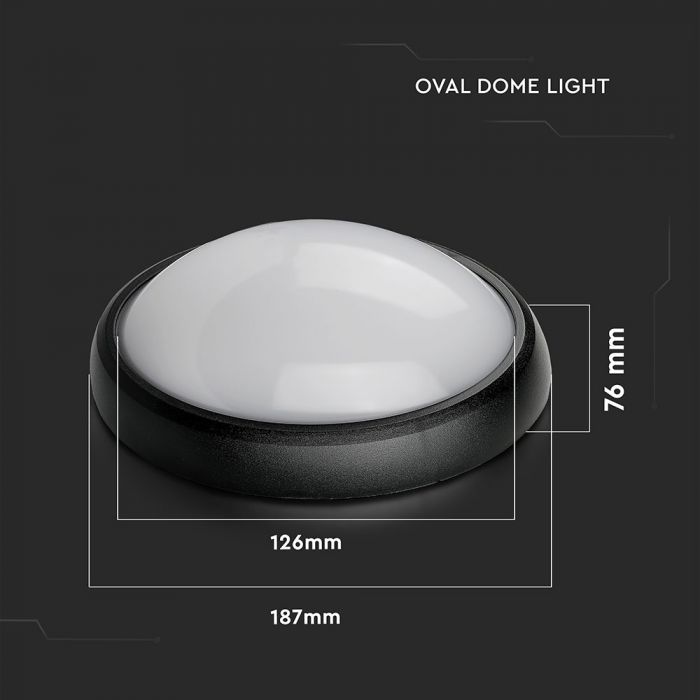 LED DOME LIGHT OVAL 8W 110° 560lm CW 126X187X76 BLACK IP65