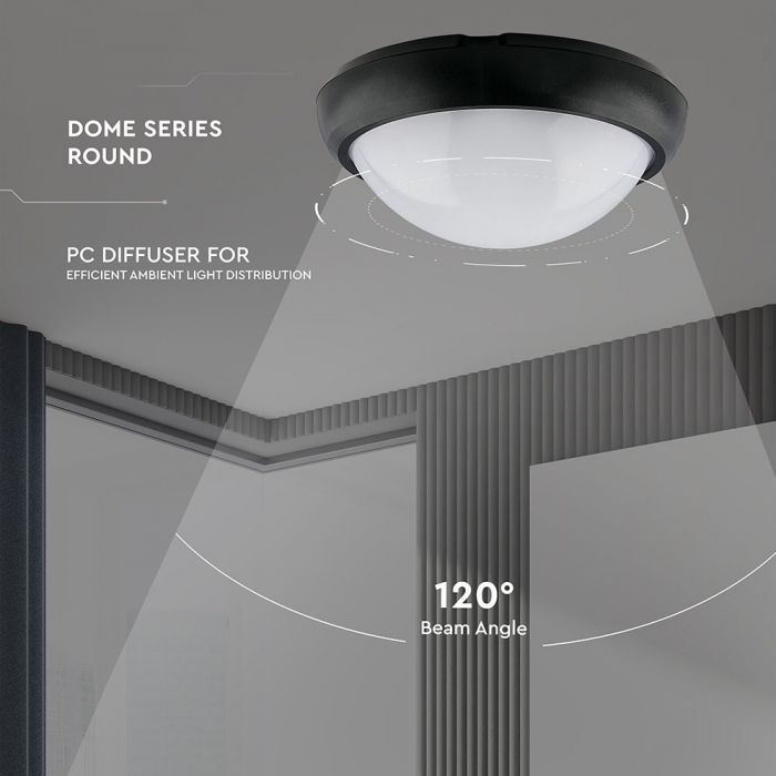 LED DOME LIGHT ROUND 12W 120° 840lm CW 220X105 IP66 BLACK