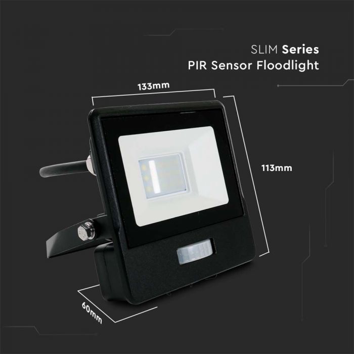 LED FLOOD PIR SENSOR 10W CW 100° 735lm IP65 BLACK SAMSUNG 1M CABLE