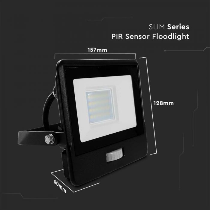 LED FLOOD PIR SENSOR 20W CW 100° 1510lm IP65 BLACK SAMSUNG 1M CABLE