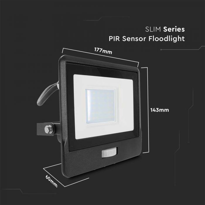 LED FLOOD PIR SENSOR 30W CW 100° 2340lm IP65 BLACK SAMSUNG 1M CABLE