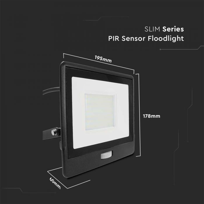 LED FLOOD SENSOR 50W DL 100° 4000lm IP65 BLACK SAMSUNG CHIP (1M CABLE)