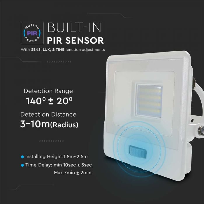 LED FLOOD PIR SENSOR 20W DL 100° 1510lm IP65 WHITE SAMSUNG 1M CABLE