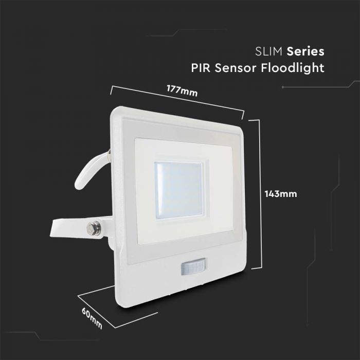 LED FLOOD PIR SENSOR 30W CW 100° 2340lm IP65 WHITE SAMSUNG 1M CABLE