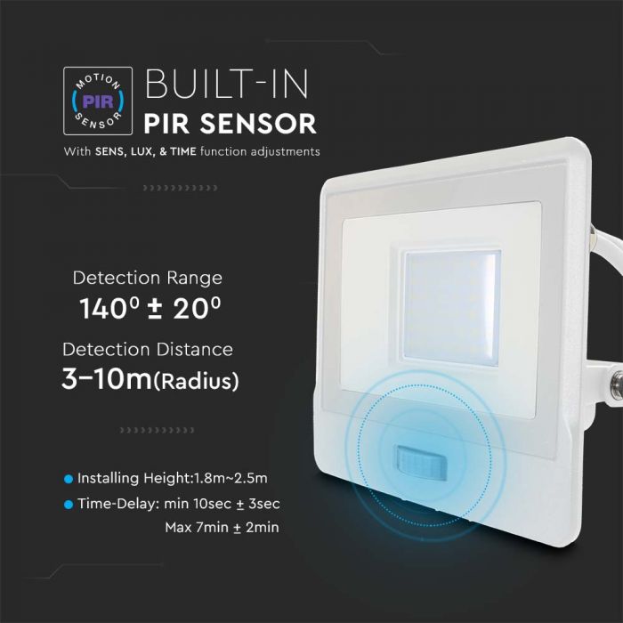 LED FLOOD PIR SENSOR 30W CW 100° 2340lm IP65 WHITE SAMSUNG 1M CABLE