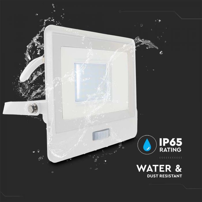 LED FLOOD PIR SENSOR 30W CW 100° 2340lm IP65 WHITE SAMSUNG 1M CABLE