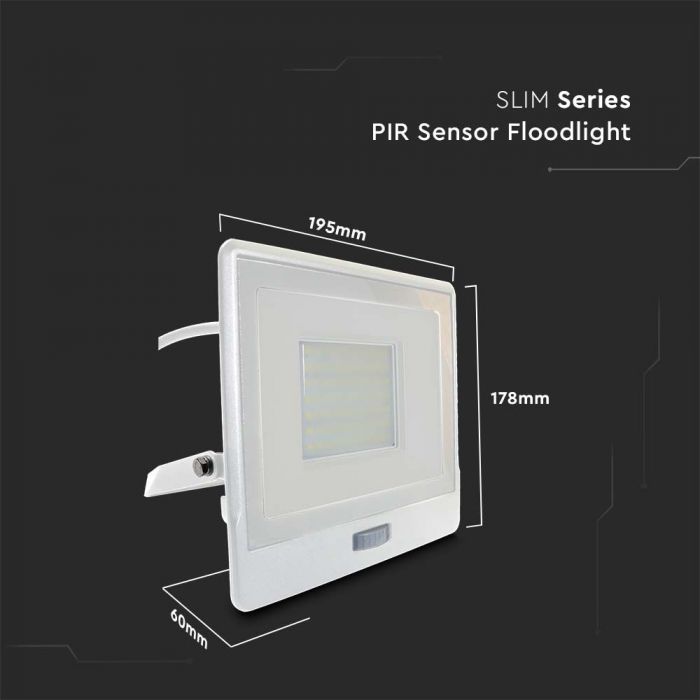 LED FLOOD PIR SENSOR 50W DL 100° 4000lm IP65 WHITE SAMSUNG 1M CABLE