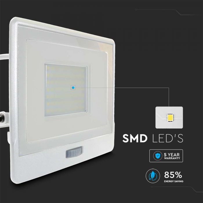 LED FLOOD PIR SENSOR 50W DL 100° 4000lm IP65 WHITE SAMSUNG 1M CABLE