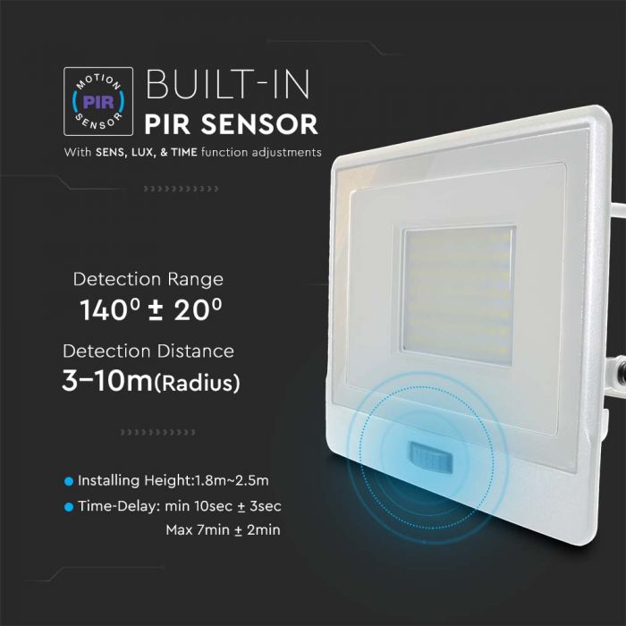 LED FLOOD PIR SENSOR 50W DL 100° 4000lm IP65 WHITE SAMSUNG 1M CABLE