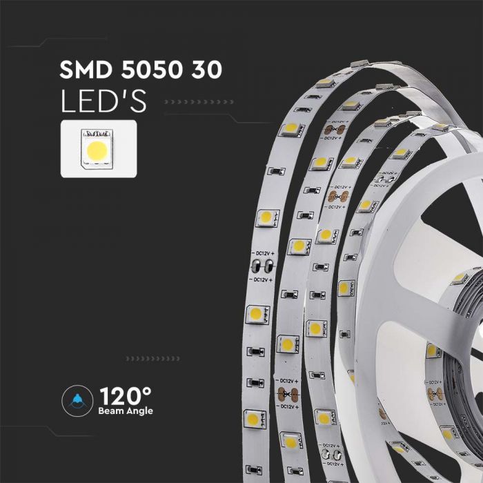 LED STRIP LIGHT 5050 SMD 30LEDs WW 500lm 10mm 12V 6W/M