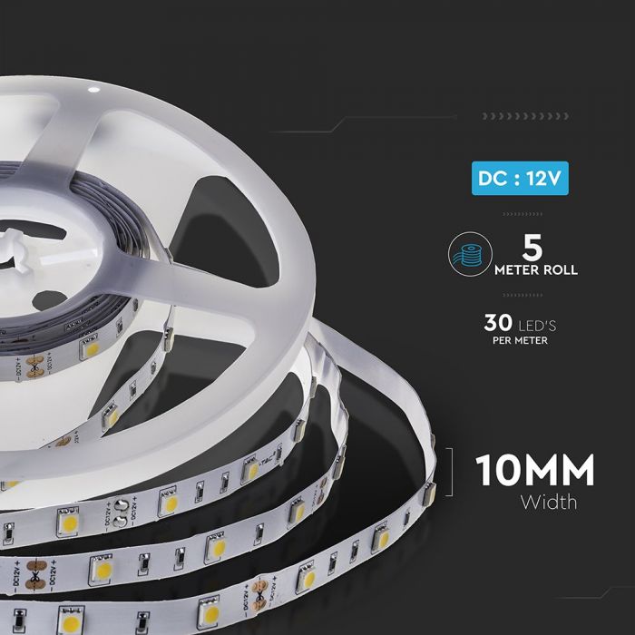 LED STRIP LIGHT 5050 SMD 30LEDs WW 500lm 10mm 12V 6W/M