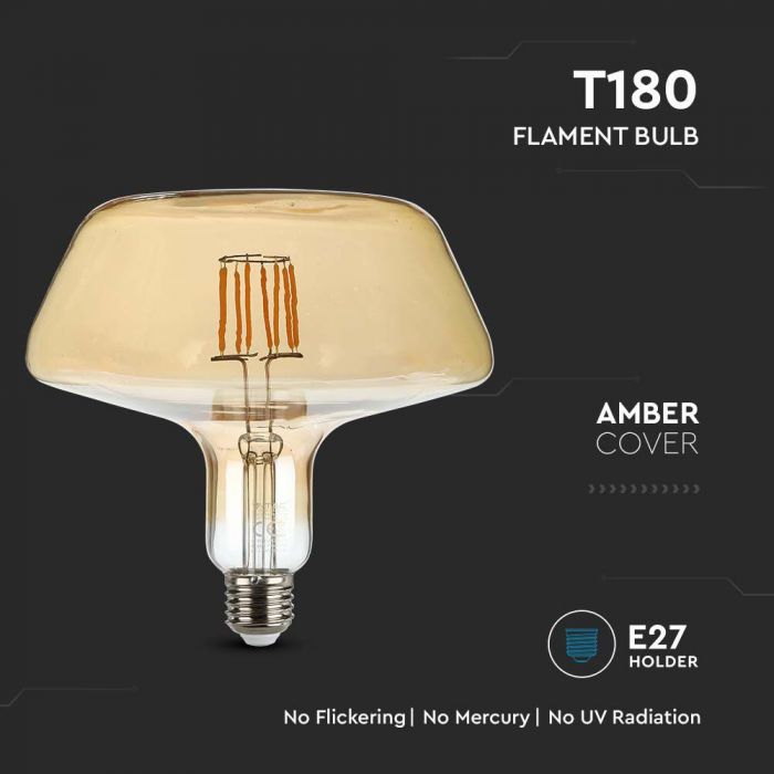 LED E27 FILAMENT AMBER LAMP T180 8W WW 620lm 300° 180X190 GLASS