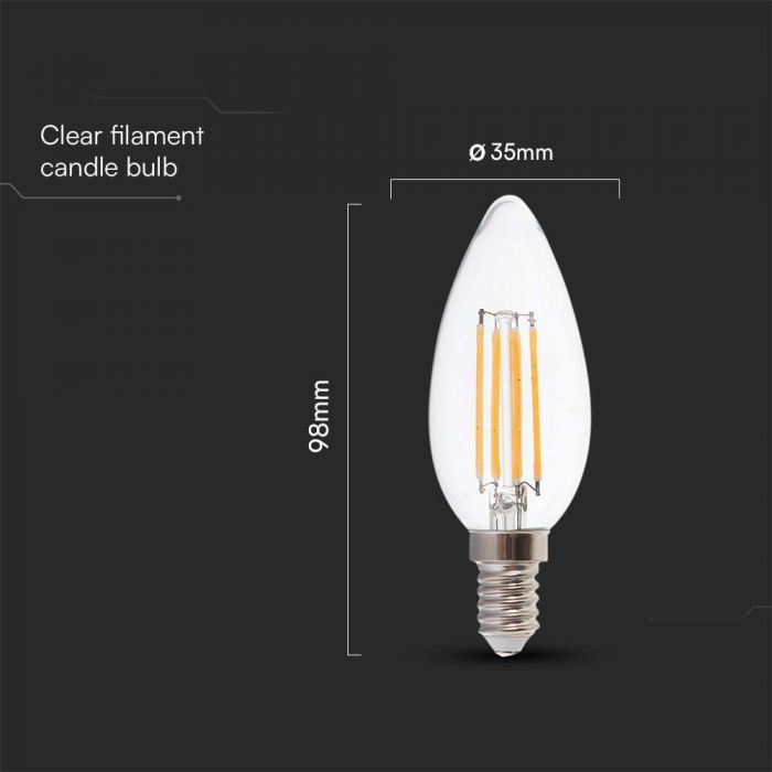 LED E14 FILAMENT LAMP 6W WW 800lm 300° CANDLE 35X98