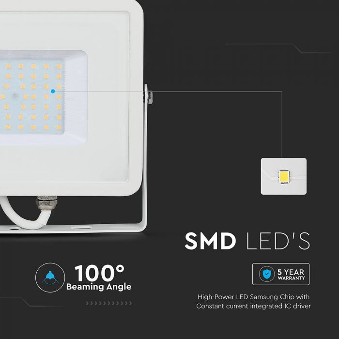 LED FLOOD SLIM 50W WW 100° 4000lm IP65 WHITE SAMSUNG CHIP