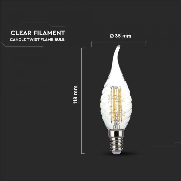 LED E14 FILAMENT LAMP 4W WW 400lm 300° 35X118 TWIST CANDLE FLAME