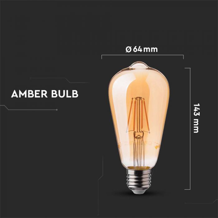 LED E27 FILAMENT LAMP AMBER COVER ST64 6W WW 550lm 300° 64x143