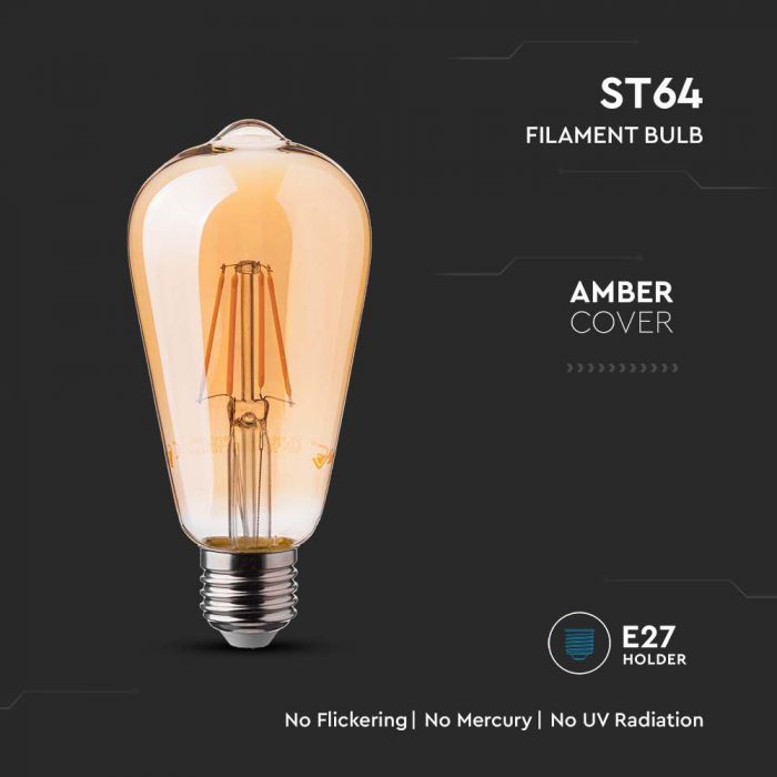 LED E27 FILAMENT LAMP AMBER COVER ST64 6W WW 550lm 300° 64x143