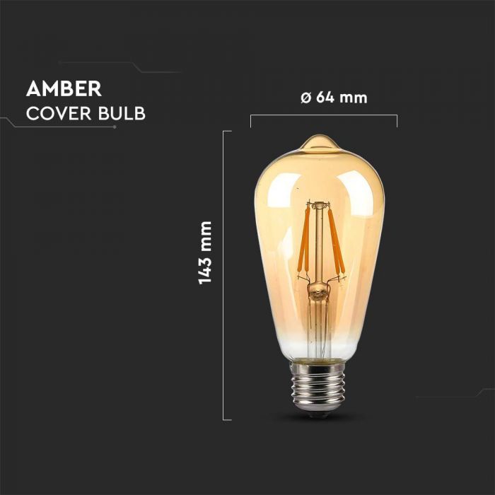 LED E27 FILAMENT LAMP AMBER COVER ST64 8W WW 720lm 300° 64X143