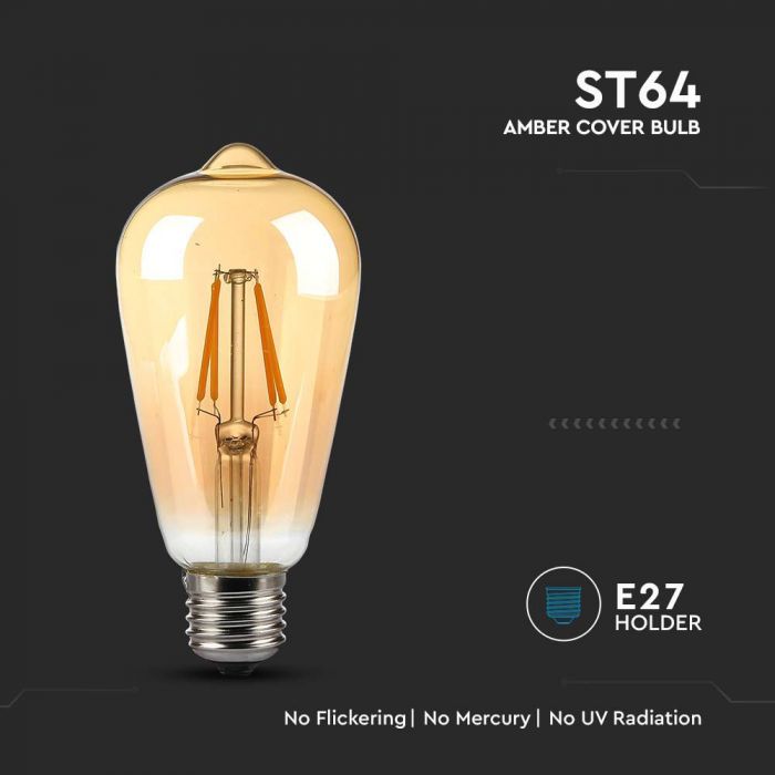 LED E27 FILAMENT LAMP AMBER COVER ST64 8W WW 720lm 300° 64X143