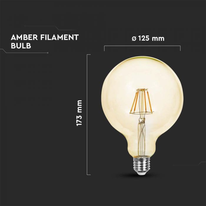 LED E27 FILAMENT LAMP AMBER COVER G125 6W WW 550lm 300° 125x173