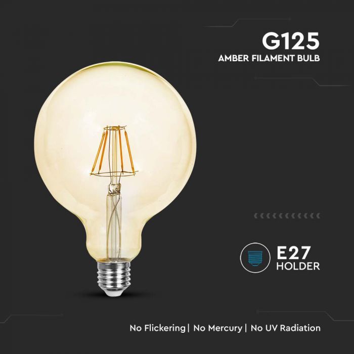 LED E27 FILAMENT LAMP AMBER COVER G125 6W WW 550lm 300° 125x173