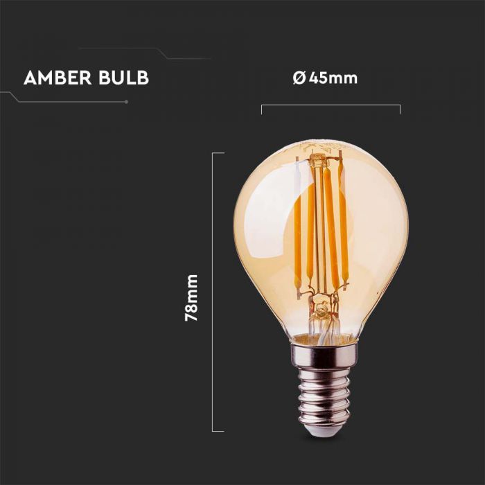 LED E14 FILAMENT AMBER COVER LAMP 4W 2200K 350lm 300° 45X78 GLOBE