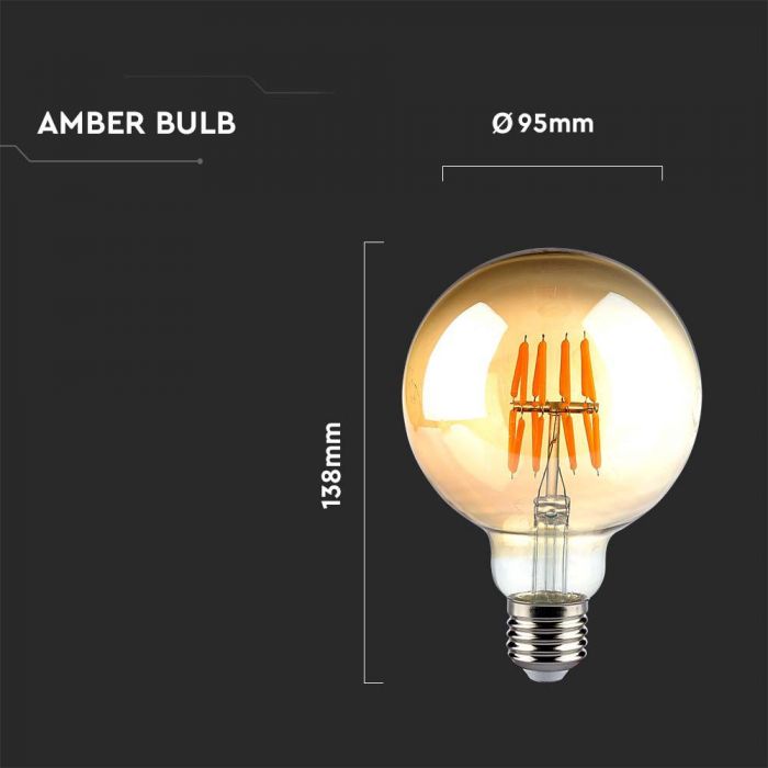 LED E27 FILAMENT LAMP AMBER COVER G95 8W WW 700lm 300° 95X138