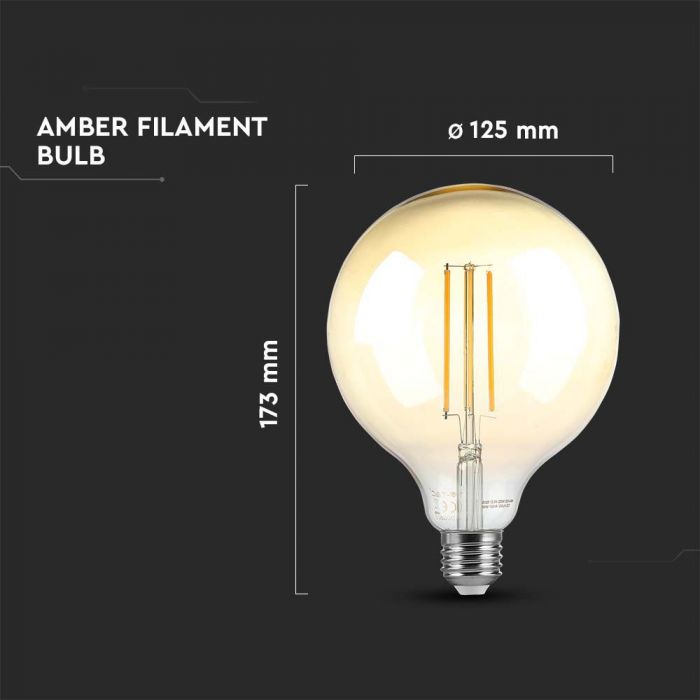 LED E27 FILAMENT LAMP AMBER COVER G125 8W WW 700lm 300° 125x173 DIMMABLE