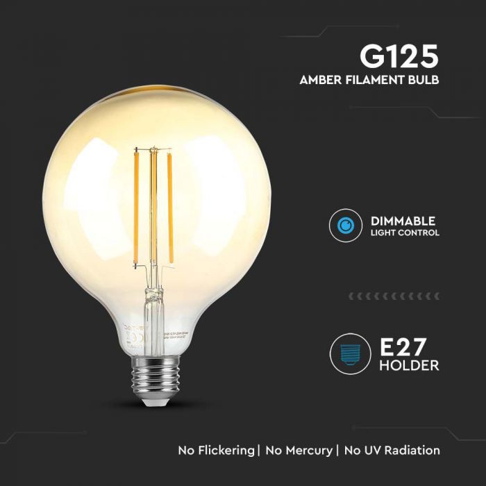 LED E27 FILAMENT LAMP AMBER COVER G125 8W WW 700lm 300° 125x173 DIMMABLE