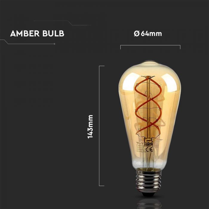 LED E27 FILAMENT LAMP AMBER COVER ST64 4.8W WW 280lm 300° 140X64