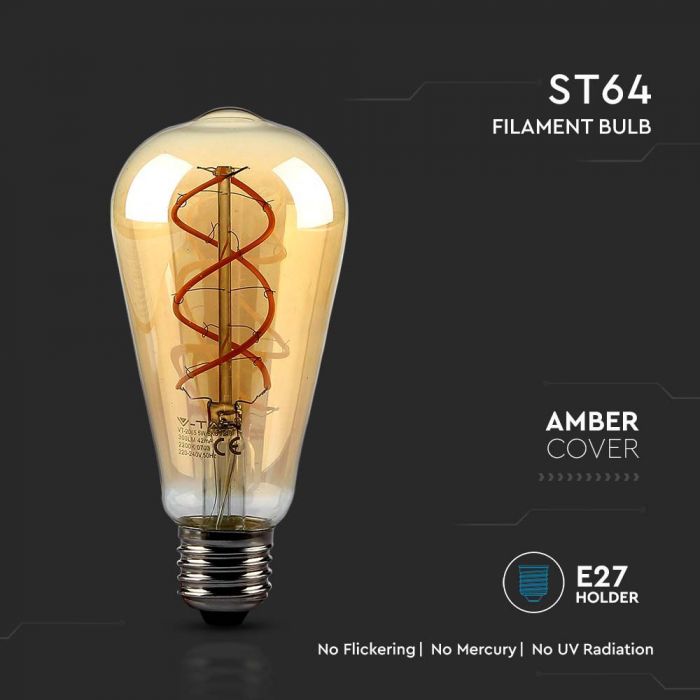 LED E27 FILAMENT LAMP AMBER COVER ST64 4.8W WW 280lm 300° 140X64