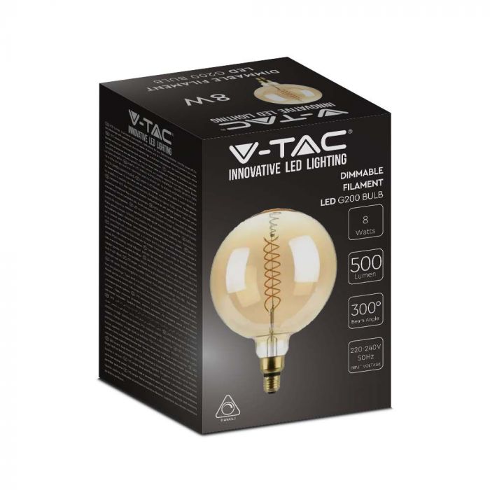 LED E27 FILAMENT AMBER LAMP G200 8W WW 500lm 300° 200X297 GLASS DIMMABLE