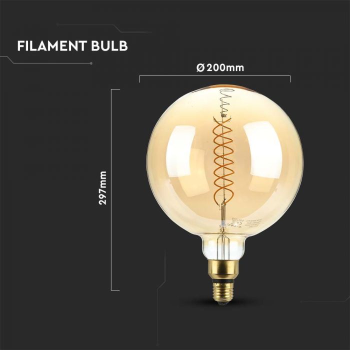 LED E27 FILAMENT AMBER LAMP G200 8W WW 500lm 300° 200X297 GLASS DIMMABLE