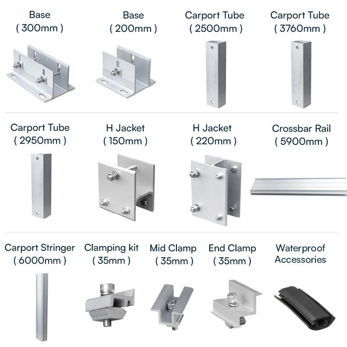 CARPORT CONSTRUCTION SET AND ACCESSORIES FOR SOLAR SYSTEMS FOR 2 CARS