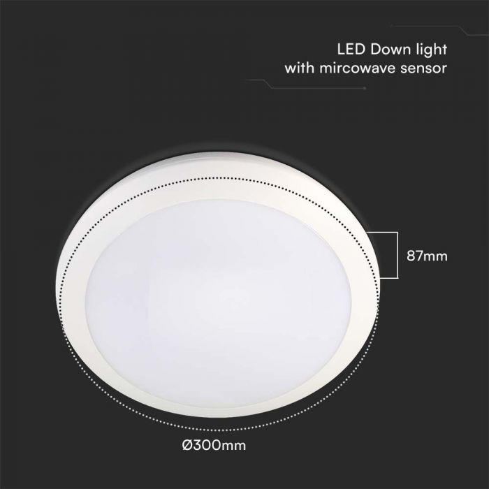 LED DOME LIGHT MICROWAVE SENSOR DIMMABLE 20W 3IN1 1850lm ROUND WHITE IK10 IP66