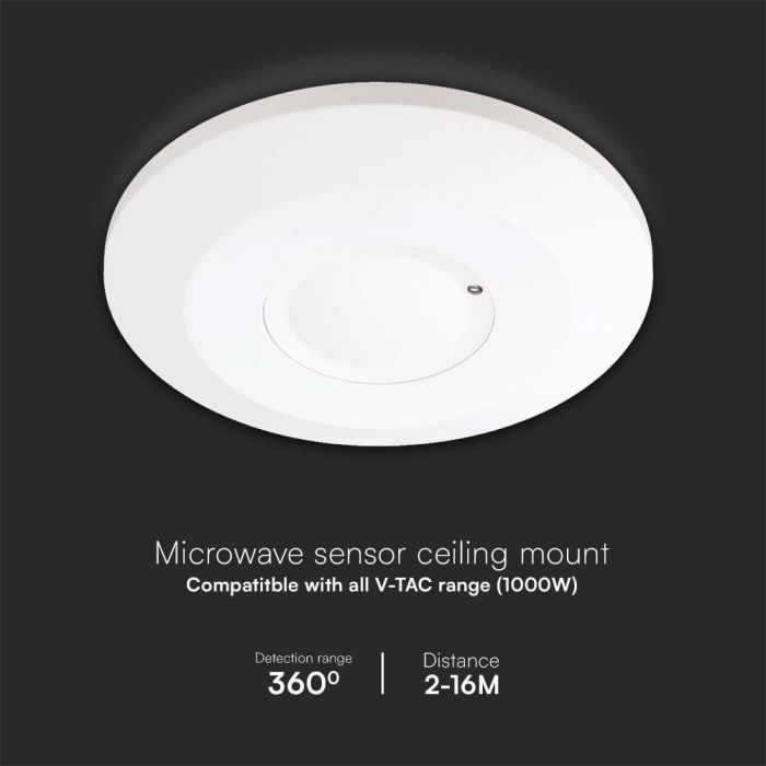 LED MICROWAVE MOTION SENSOR CEILING 360'D 1-8m(radius) adjustable 2000W  Max 115x24.3mm WHITE IP20