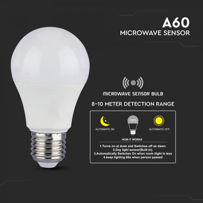 LED E27 LAMP 9W CW 806lm 200° 60X112 WITH MICROWAVE SENSOR