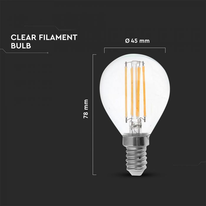 LED E14 FILAMENT LAMP P45 6W CW 600lm 300° GLOBE 45X78