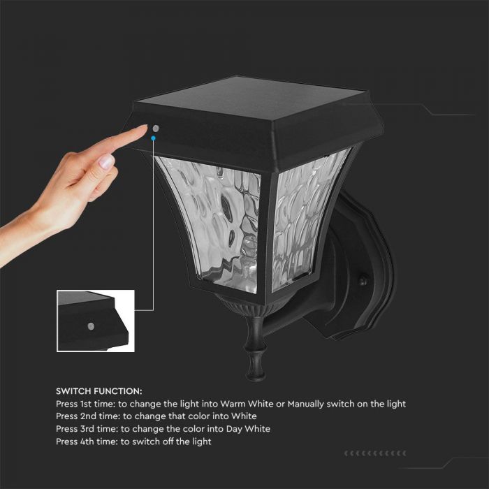 LED SOLAR WALL LAMP MATT BLACK  CCT 3IN1 110Lm 170° 19x15x24 IP65