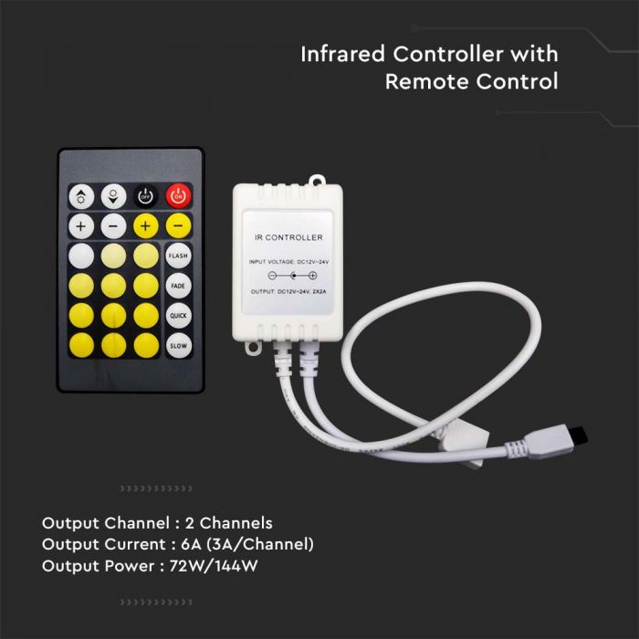 LED INFRARED CONTROLLER WITH REMOTE CONTROL CCT 3IN1+RGB 24 BUTTONS 72/144W 6A 12/24V