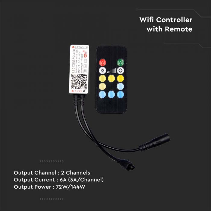 LED WIFI CONTROLLER WITH REMOTE CONTROL CCT 3IN1 24 BUTTONS 72/144W 6A 12/24V