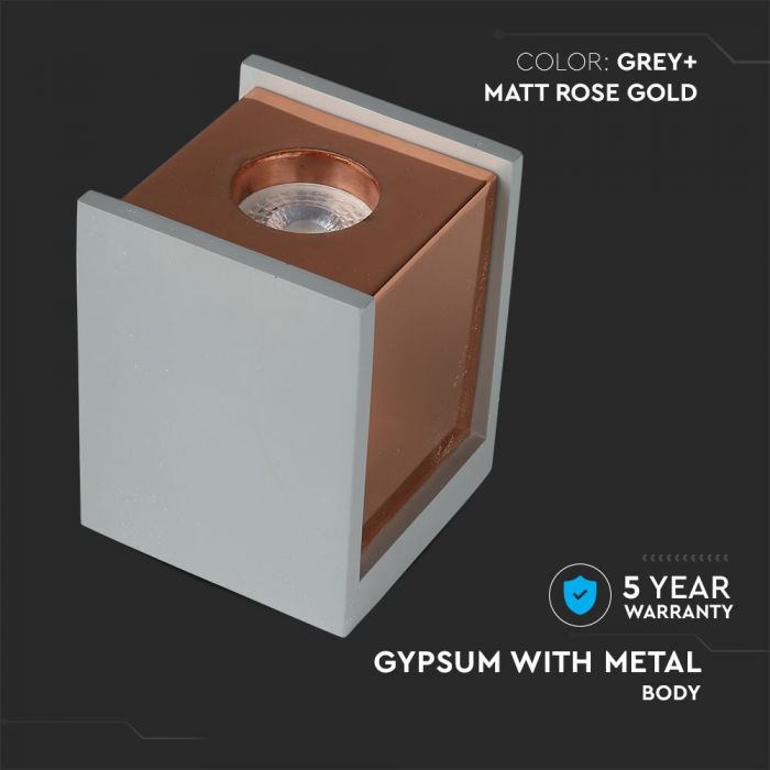 LED SURFACE GREY GYPSUM SQUARE WITH METAL MATT ROSE GOLD BOTTOM GU10 10X10X13