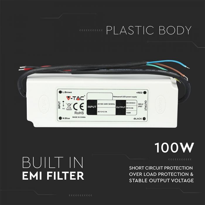 LED POWER SUPPLY PLASTIC 100W 12V 8.5A SLIM IP67