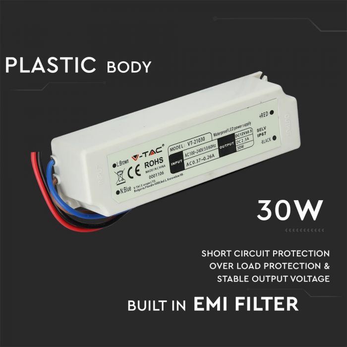 LED POWER SUPPLY PLASTIC 30W 12V 2.5A SLIM IP67