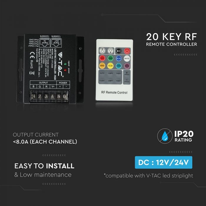 LED RGB SYNC CONTROLLER FOR STRIP 288W 24A RF 20BUTTON REMOTE CONTROL