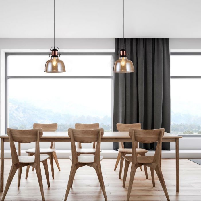 LED E27 PENDANT SHADE VINTAGE AMBER BLACK FABRIC WIRE 220X280X1150 GLASS