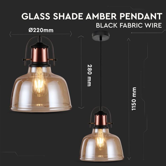 LED E27 PENDANT SHADE VINTAGE AMBER BLACK FABRIC WIRE 220X280X1150 GLASS