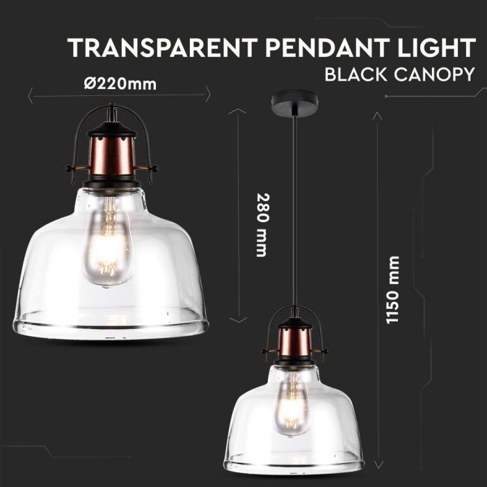 LED E27 PENDANT TRANSPARENT BLACK CANOPY 220X280X1150 GLASS