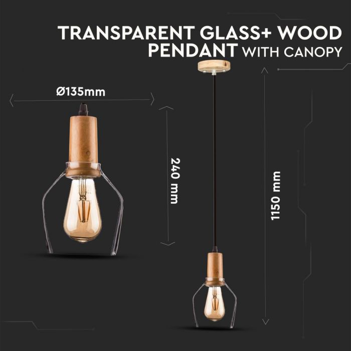 LED E27 PENDANT AMBER 135X240X1150 GLASS WITH WOOD