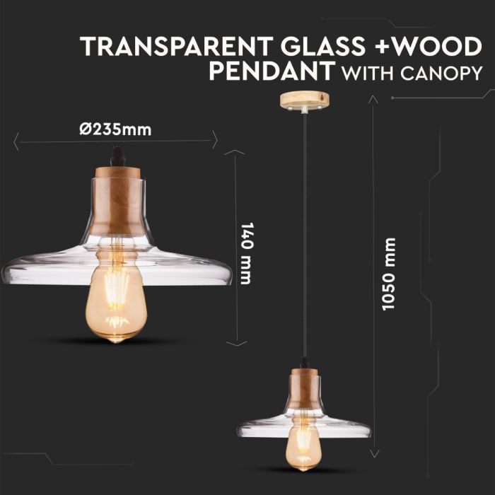 LED E27 PENDANT AMBER 235X140X1050 GLASS WITH WOOD